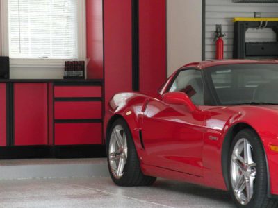 Red custom cabinet in garage