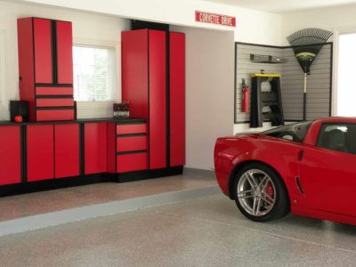 Red custom cabinet in garage