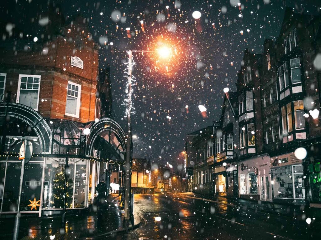 Snowy town at night